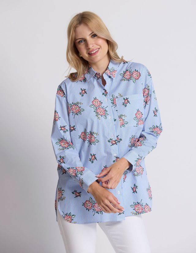 Estella Shirt - Floral Blue Stripe