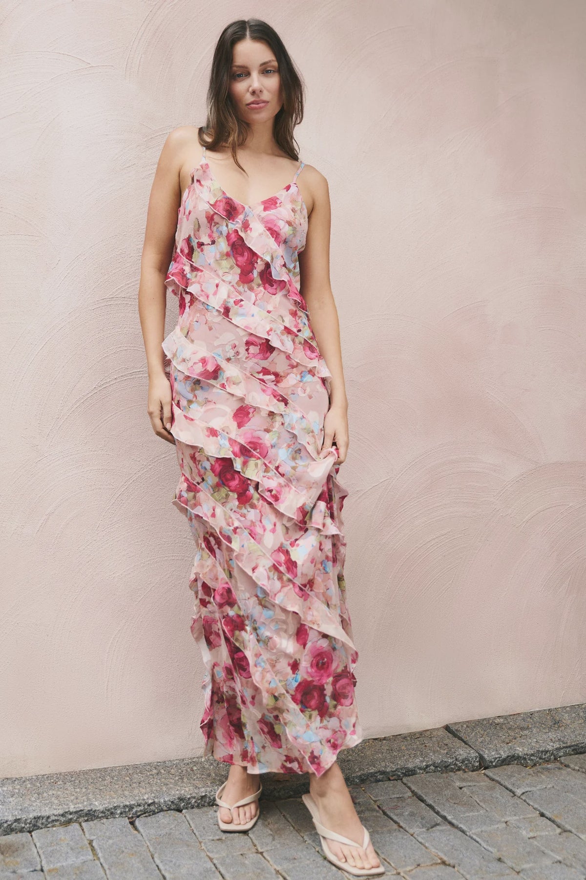 Galore Painted Rose Bias Ruffle Slip Maxi Dress