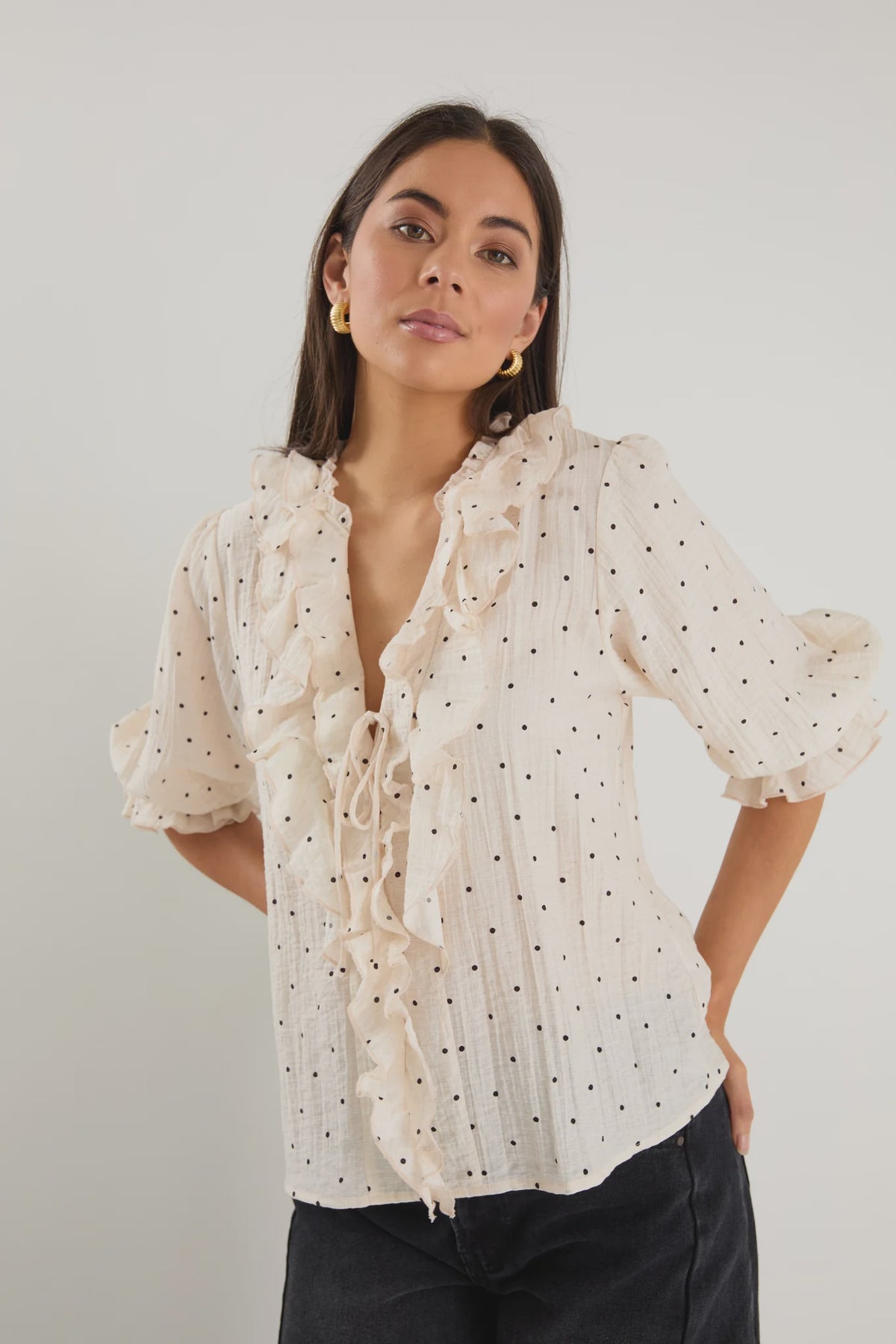 Garnish Cream Polka Dot Frill Front Mid Sleeve Top