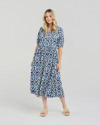 Genevieve Button Placket Dress - Blue Aztec