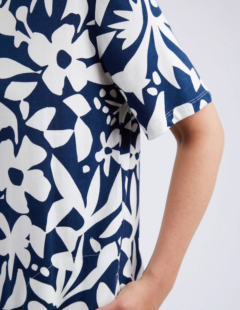 Stencil Floral Tee Dress - Naval Blue Floral Print