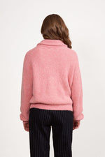 Relaxed Fit Half Zip Sweater with Collar - Rose Pink