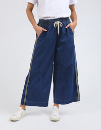 Greta Wide Leg Pant - Dark Blue Wash side stripe