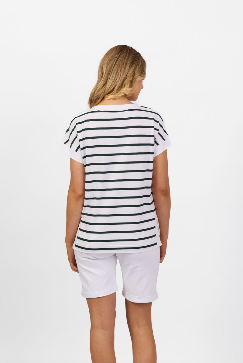 Drop Sleeve Top with Stepped Hem - White/Forest Stripe