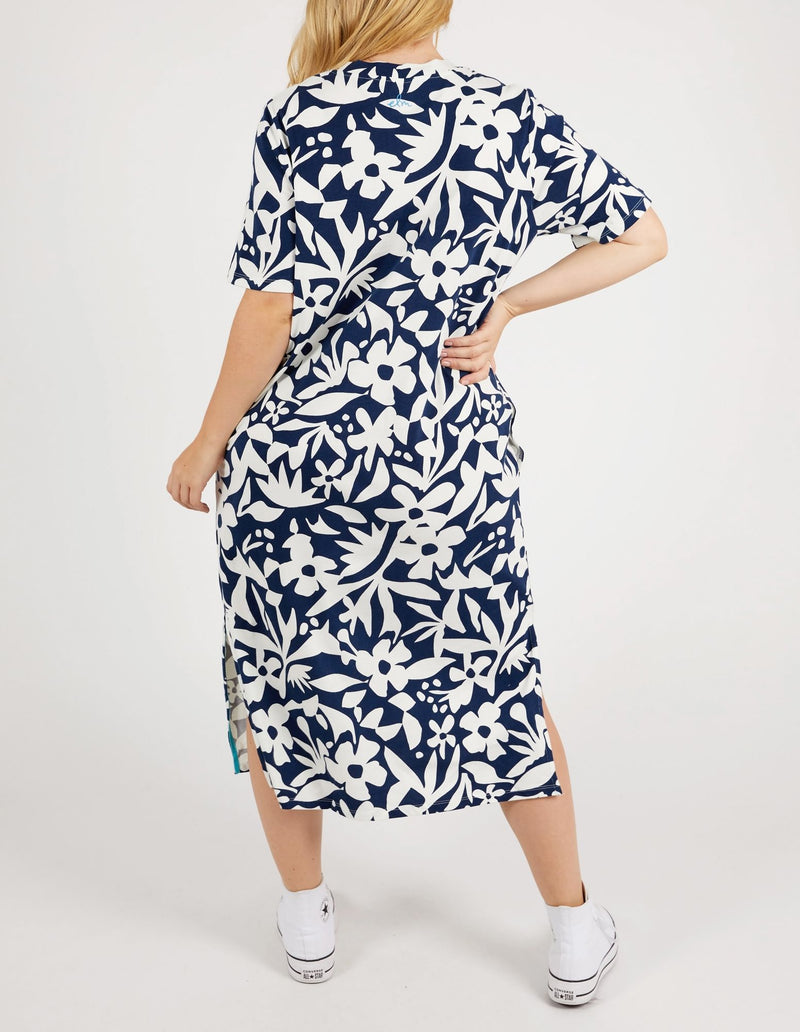 Stencil Floral Tee Dress - Naval Blue Floral Print