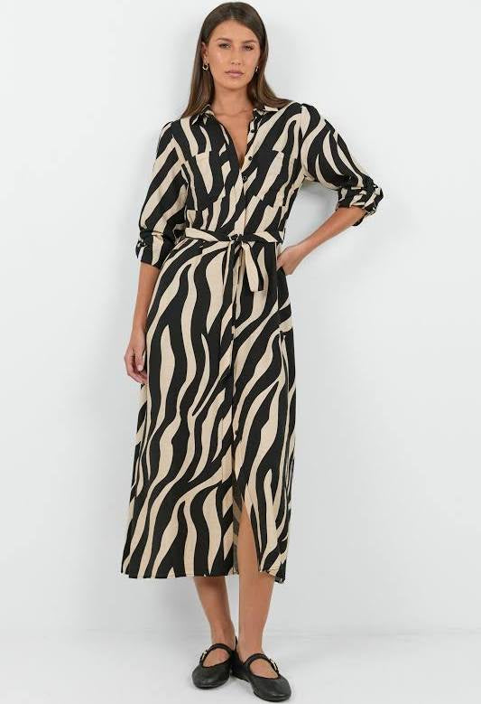 Cyprus Black Cream Safari LS Shirt Midi Dress