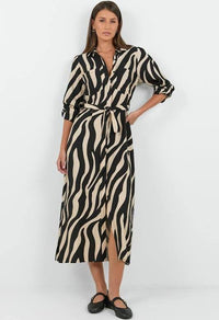 Cyprus Black Cream Safari LS Shirt Midi Dress