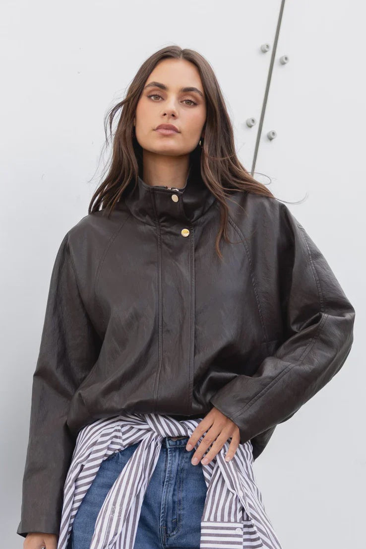 Ensemble Chocolate Faux Leather Funnel Zip Through Jacket