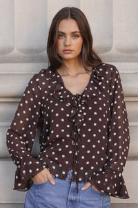 Bohemian Chocolate Polka Dot Sheer Frill Blouse