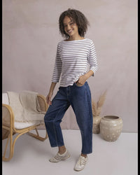 Eliza Boat Neck Tee / White Coffee Stripe