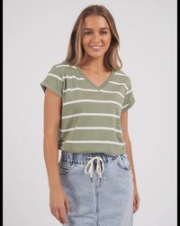 Manly Stripe Vee Neck Tee / Sage & White Stripe