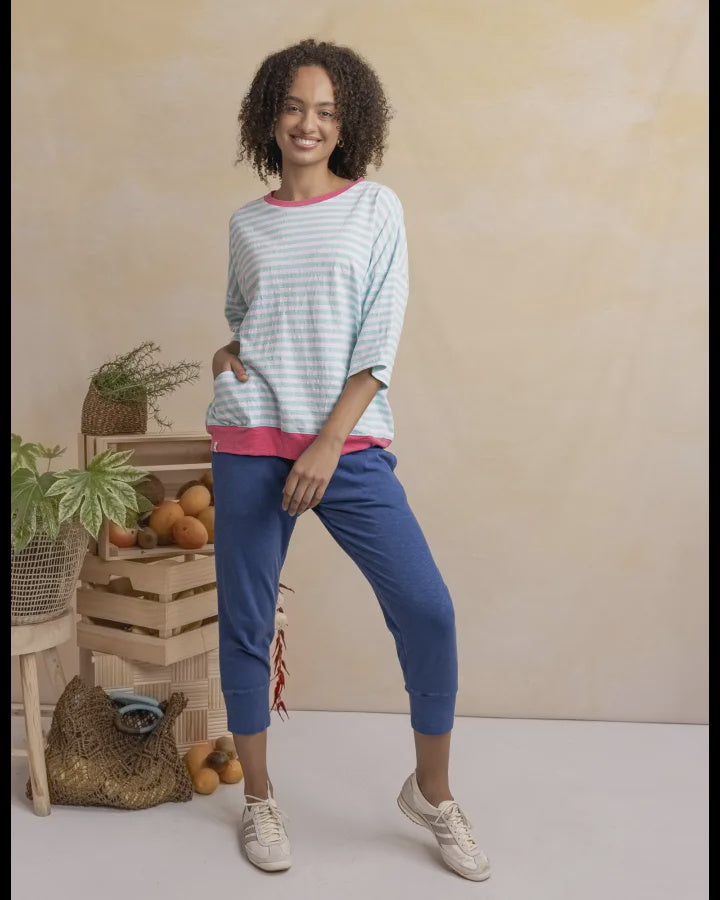 Mazie Stripe Ringer Sweat /Teal Blue Stripe & Pink Trim
