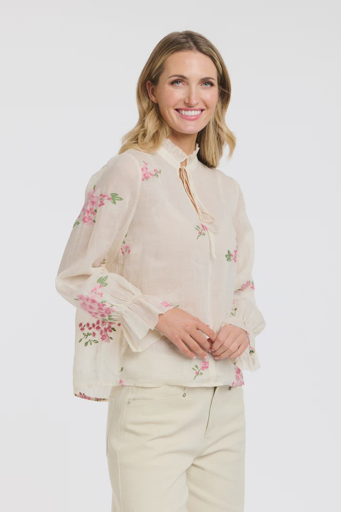 Tess Floral Top / Ecru Pink Embroidery
