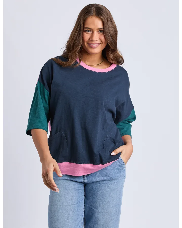 Maize Block Colour Sweat -  Teal/ Navy & Quartz Pink
