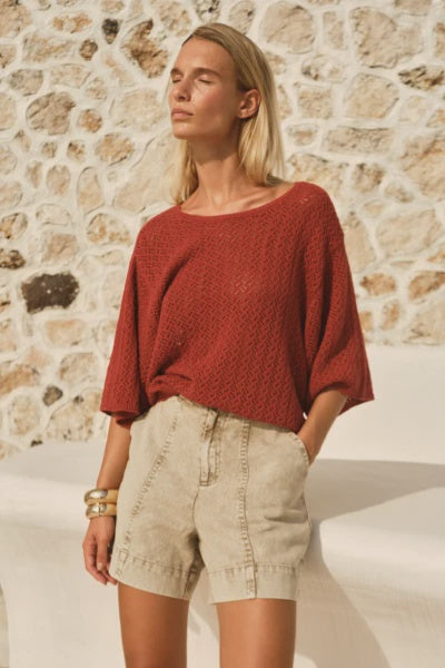 Mila Pointelle Top / Red Clay Brown