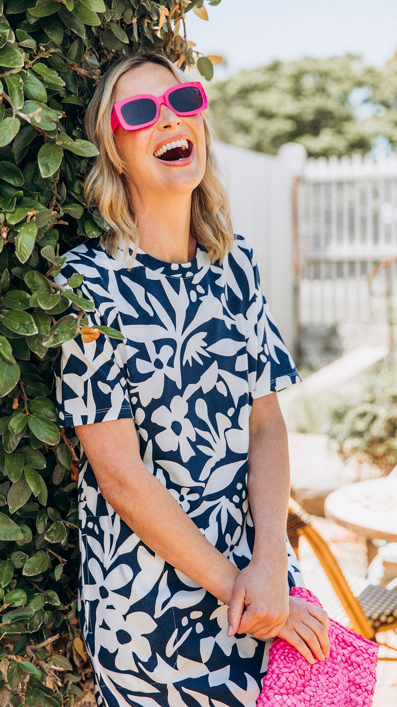 Stencil Floral Tee Dress - Naval Blue Floral Print