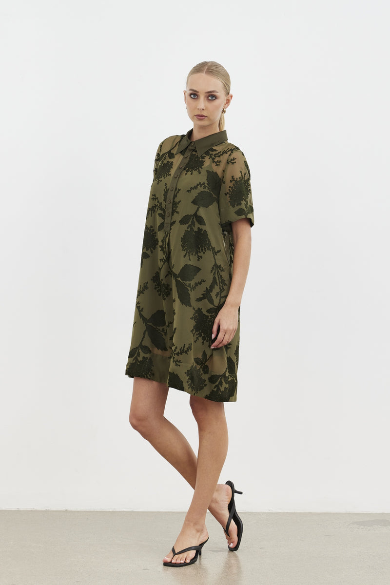 Echo Collar Dress - Olive Blossom