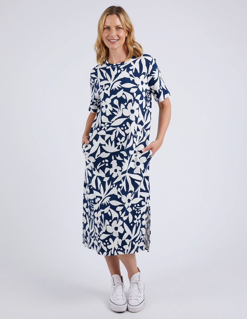 Stencil Floral Tee Dress - Naval Blue Floral Print