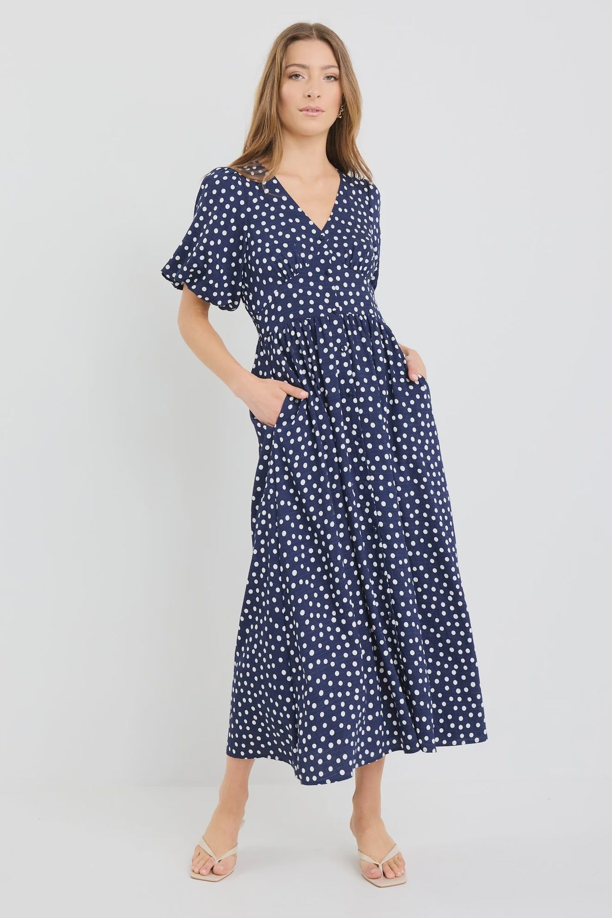 Lisbon Navy Polka Dot Puff Sleeve Midi Dress