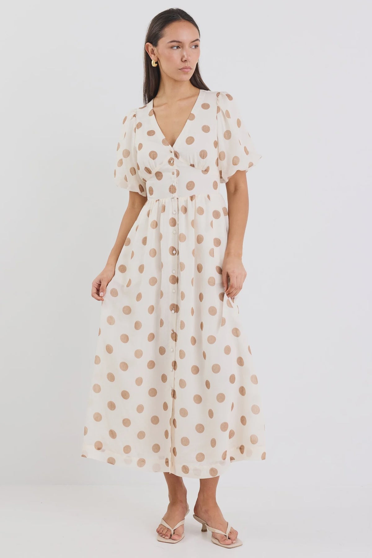 Lisbon Copper Polka Dot Puff Sleeve Midi Dress