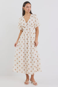 Lisbon Copper Polka Dot Puff Sleeve Midi Dress