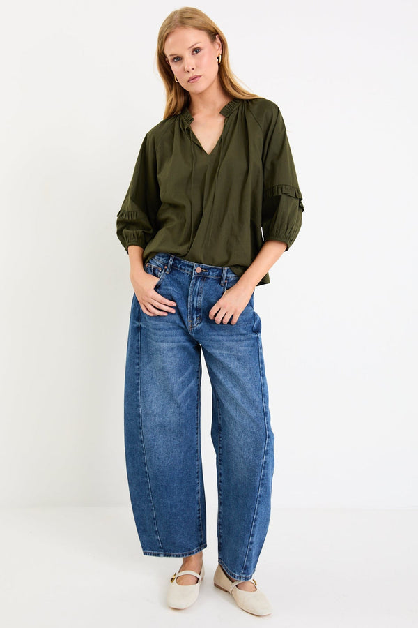 Luminary Olive Voile Tie Front SS Top