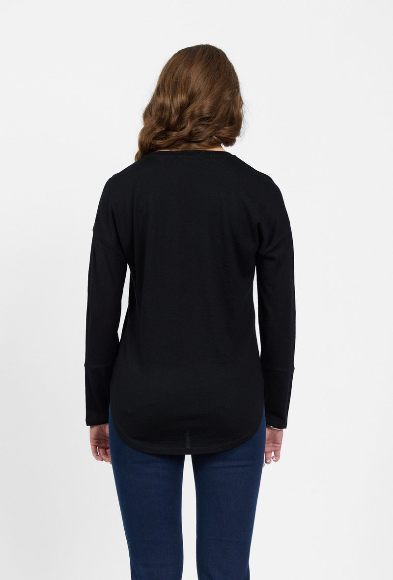 Merino V-Neck Top With Button Cuff Detail - Black