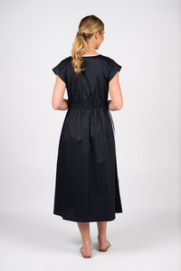 Vneck Shirred Waist Dress with Contrast Trim and Pockets - Ink/White