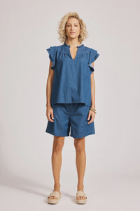 Melenia Denim Frill Top - Indigo