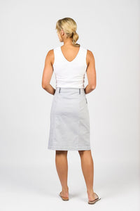 Knee Length Skirt with Contrast Buttons and Trim - Ink/White Stripe