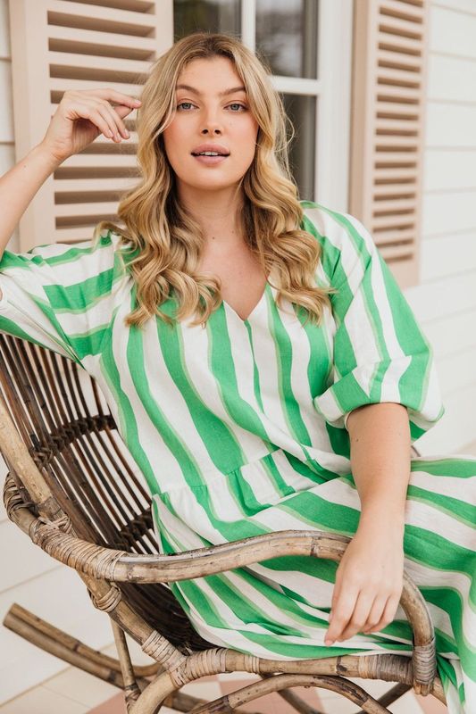 Spritz Stripe Dress - Green Briar/White Stripe