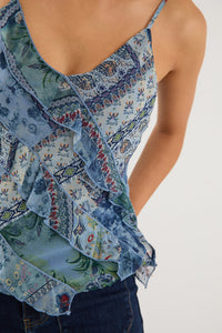Outgoing Blue Scarf Print Frill Front Cami Top
