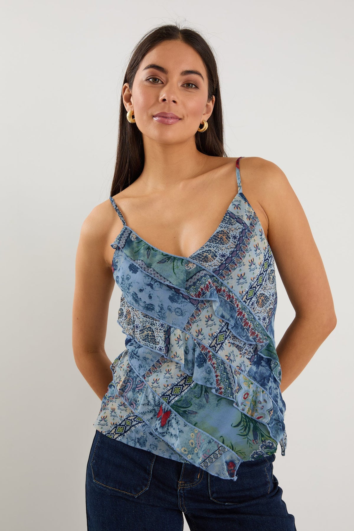Outgoing Blue Scarf Print Frill Front Cami Top