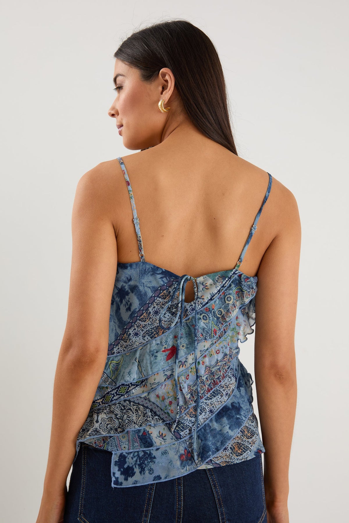 Outgoing Blue Scarf Print Frill Front Cami Top