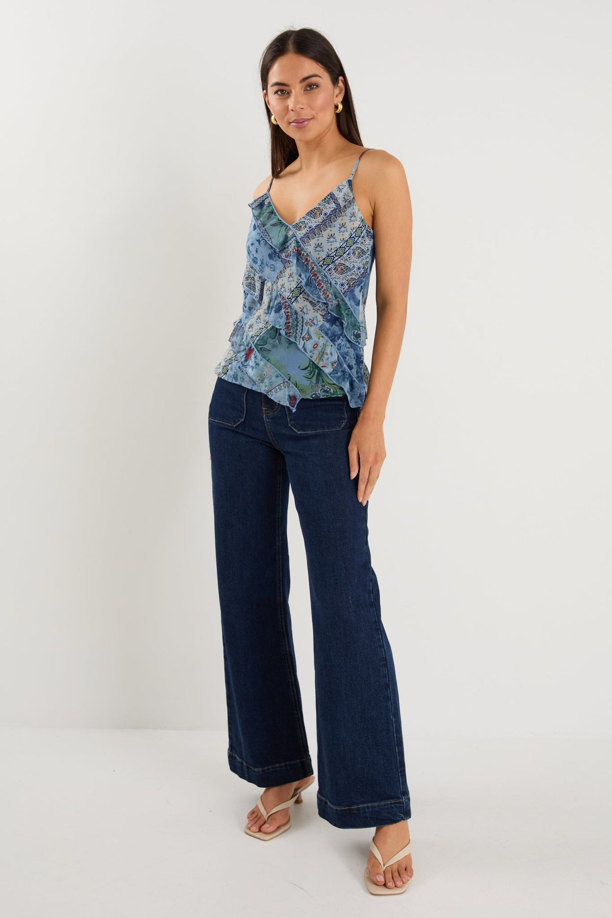 Outgoing Blue Scarf Print Frill Front Cami Top