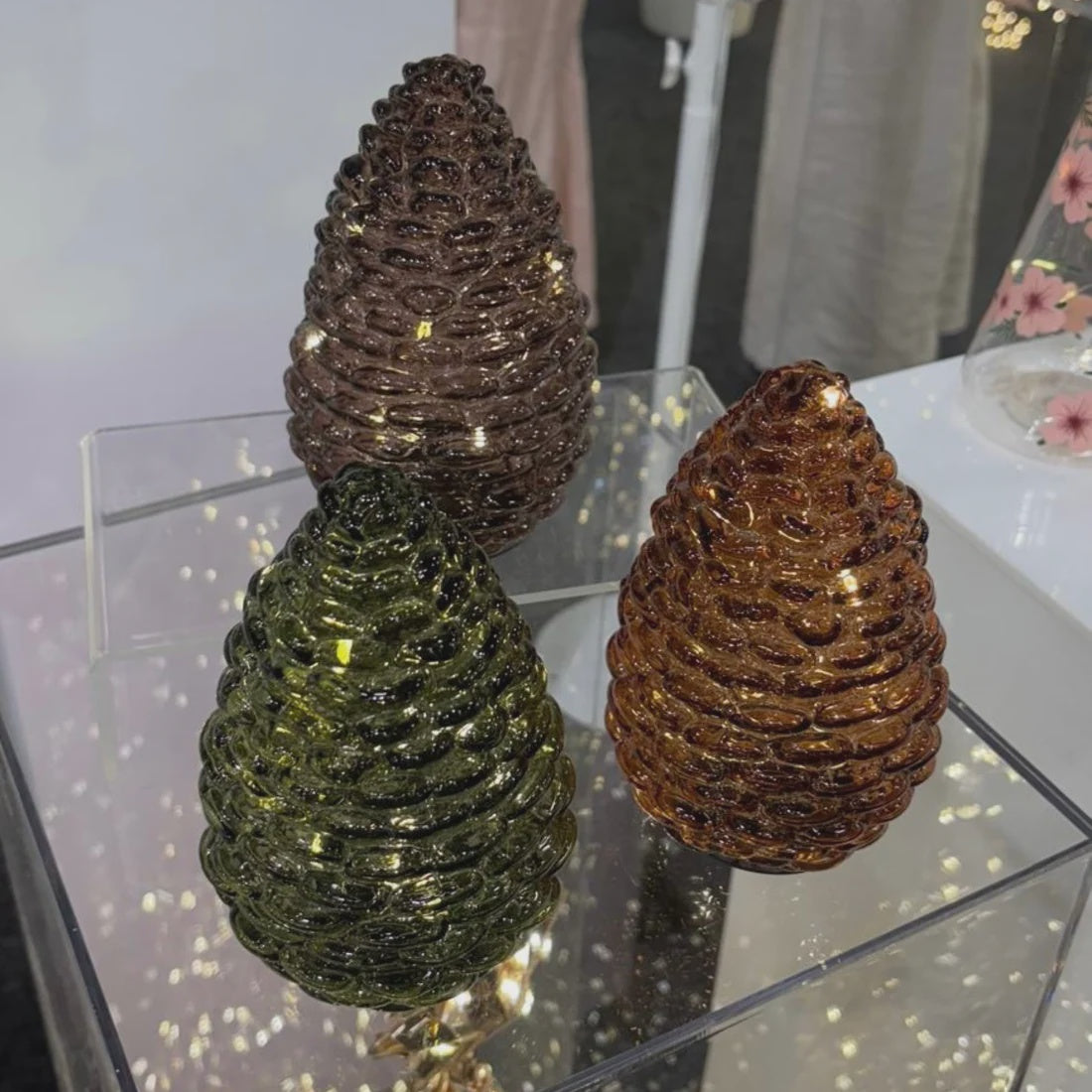 Glass Pinecone with Lights in Light Brown
