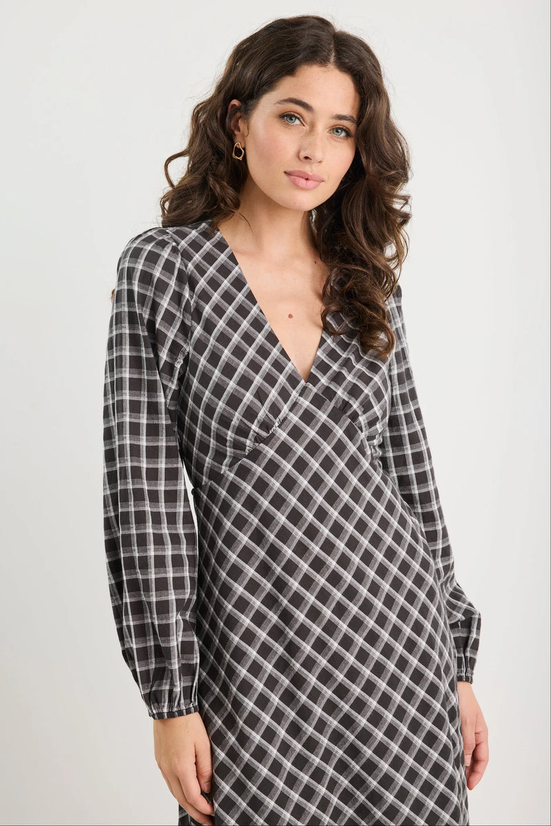 Phoenix Black White Check Balloon Sleeve Midi Dress