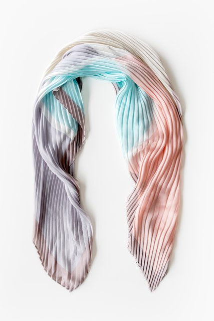 Pleated Scarf - Pink, Blue & Grey Block