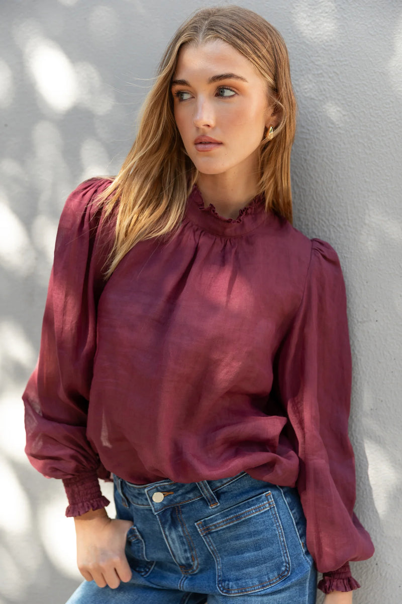 Poet Burgundy Plum Sheer Long Sleeve High Neck Top