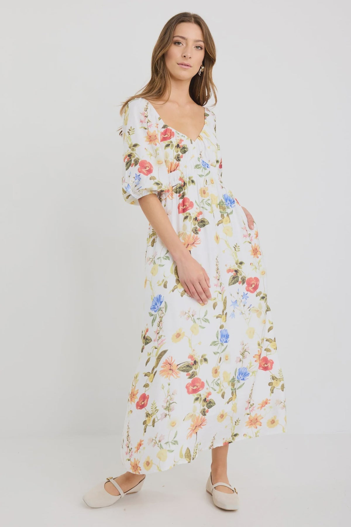 Posy Cream Garden Print Sweetheart Puff Sleeve Midi Dress