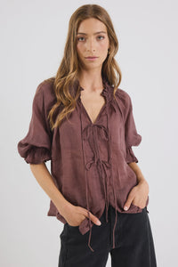 Prospect Chocolate Tie Front Mid Sleeve Top