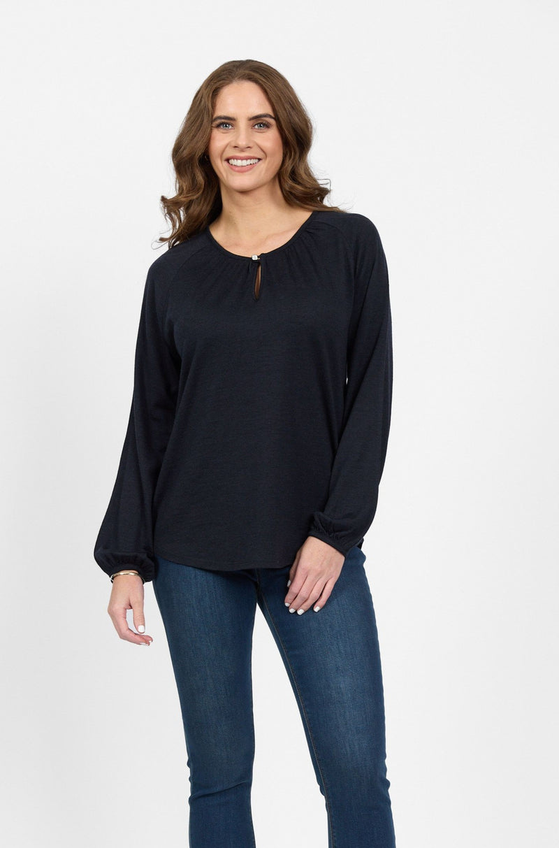 Merino Round Neck Top With Front Keyhole - Midnight