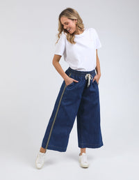 Greta Wide Leg Pant - Dark Blue Wash side stripe