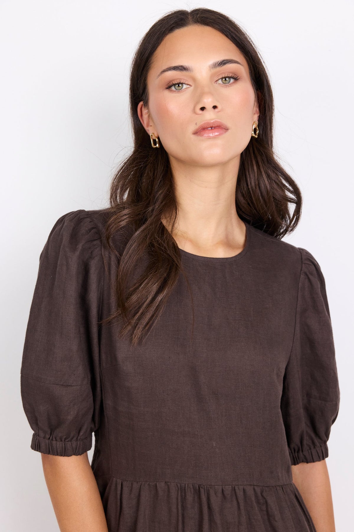 Relative Dark Chocolate Linen Puff Sleeve Maxi Dress