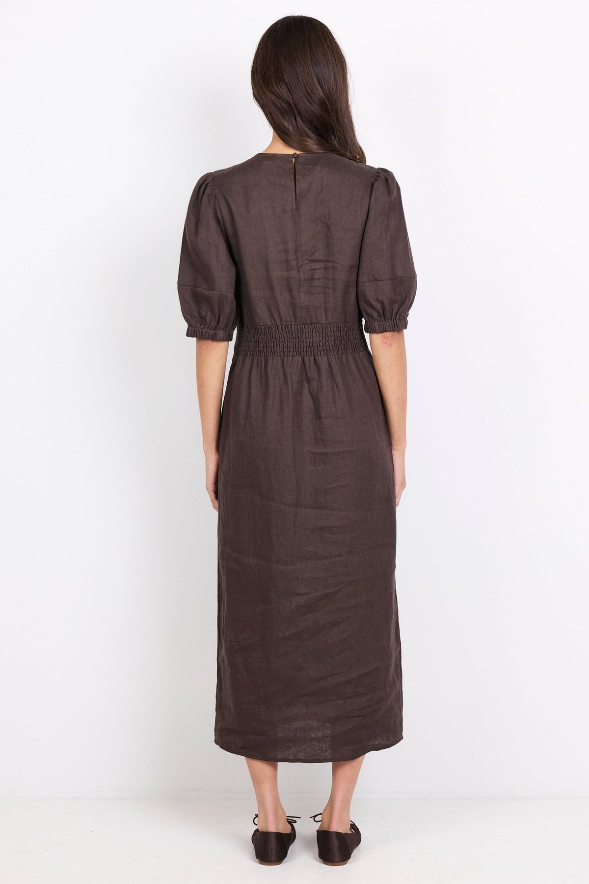 Relative Dark Chocolate Linen Puff Sleeve Maxi Dress