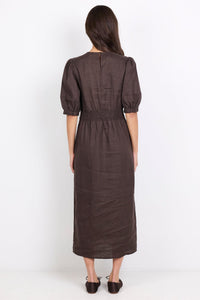 Relative Dark Chocolate Linen Puff Sleeve Maxi Dress