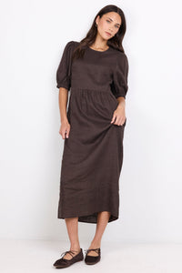 Relative Dark Chocolate Linen Puff Sleeve Maxi Dress