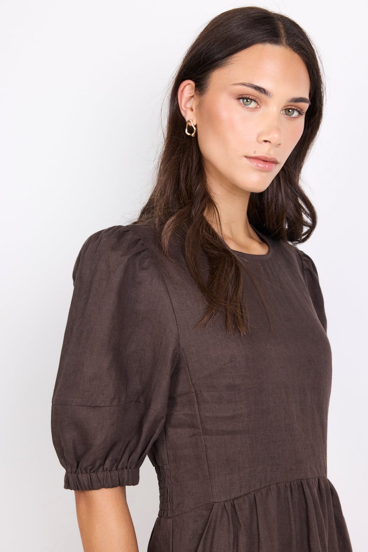 Relative Dark Chocolate Linen Puff Sleeve Maxi Dress