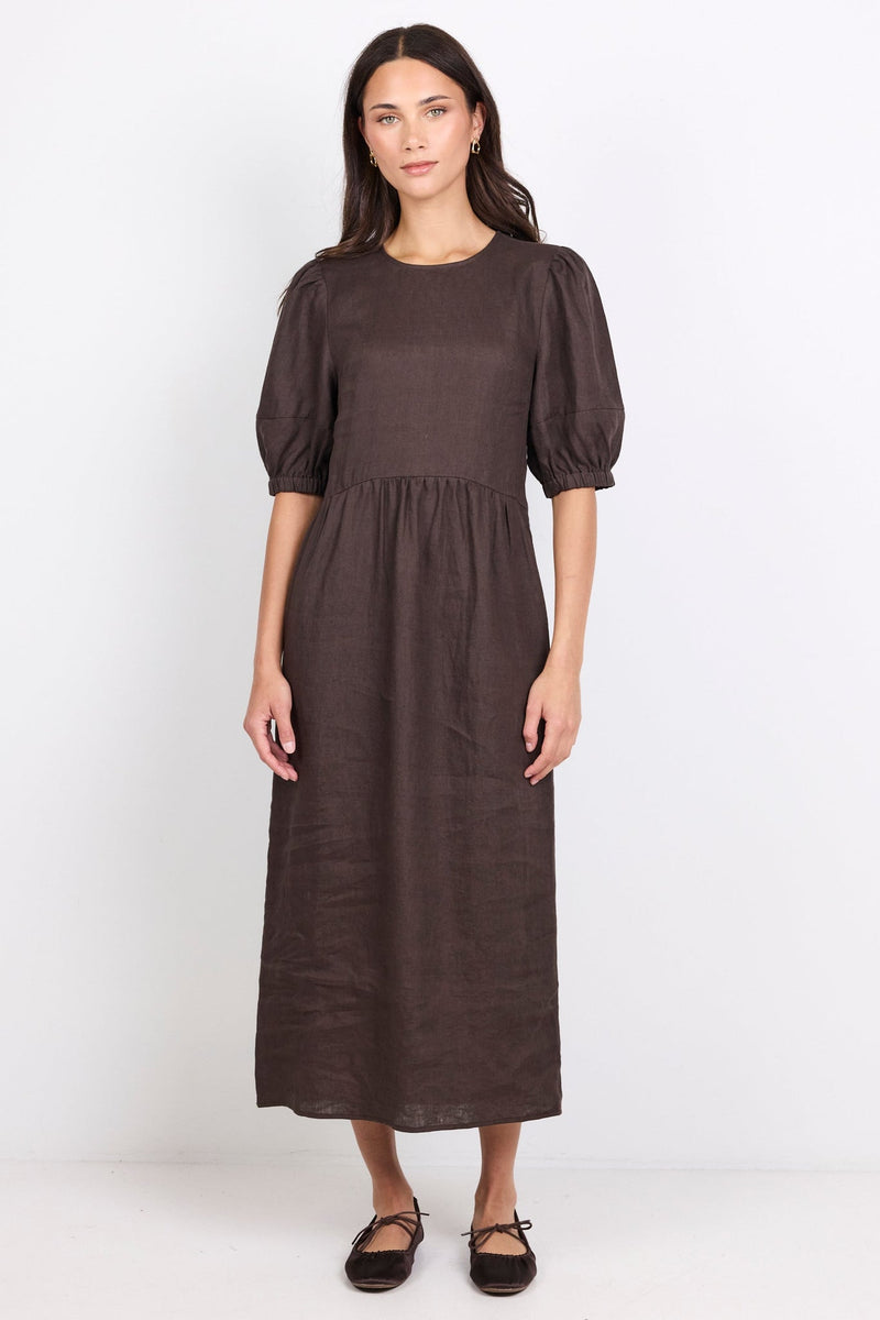 Relative Dark Chocolate Linen Puff Sleeve Maxi Dress