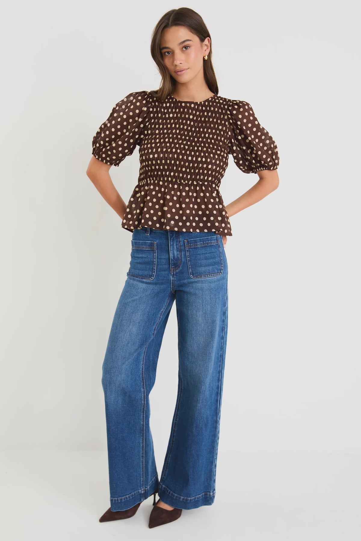 Requite Chocolate Polka Dot Shirred Body SS Top